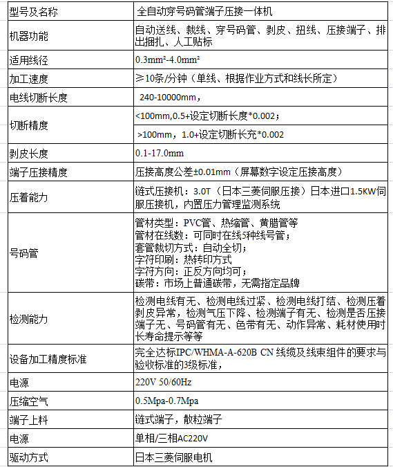 电气配线设备之全自动套号码管端子压接一体机技术参数